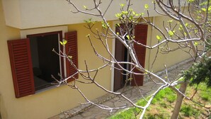 Un bâtiment dont le sol est pavé de pierres, doté de volets en bois aux fenêtres, et avec un arbre au premier plan.