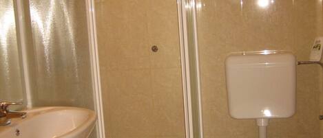 Shower, towels, soap, toilet paper