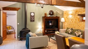 Uma sala de estar aconchegante com lareira, sofá, televisão e parede de pedra.
