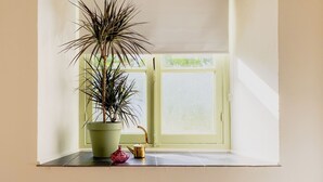 A window with a potted plant and a small decorative item on the sill. - Modern Apartment 2 in Historic Abbey (Cadier en Keer)