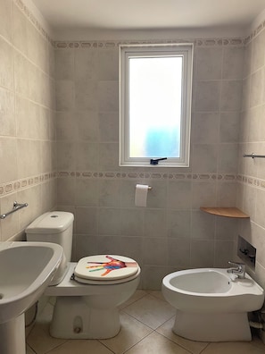 Une salle de bain avec des toilettes, un bidet et une fenêtre.