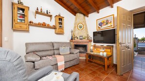 Ein Wohnzimmer mit Sofa, Fernseher, Kamin und Holzregalen.