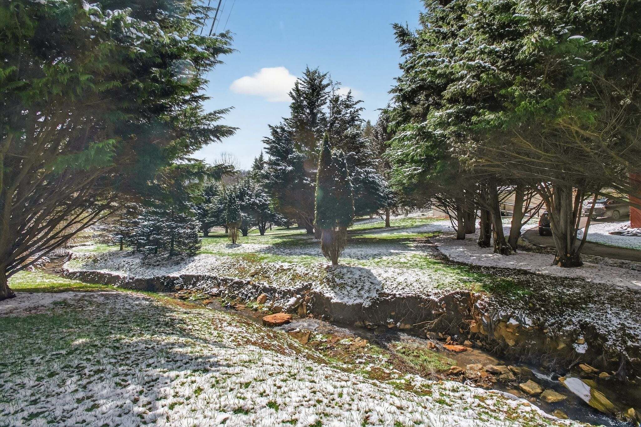 A snow-covered landscape with trees and a stream.