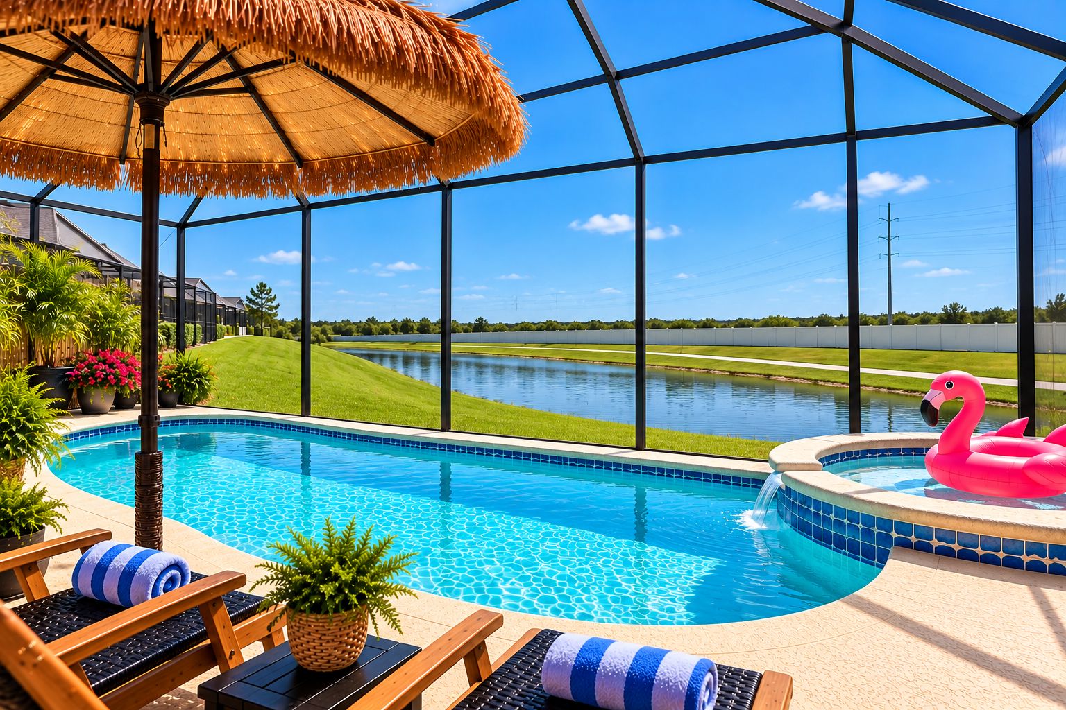 A swimming pool with a hot tub, lounge chairs, and a flamingo float.