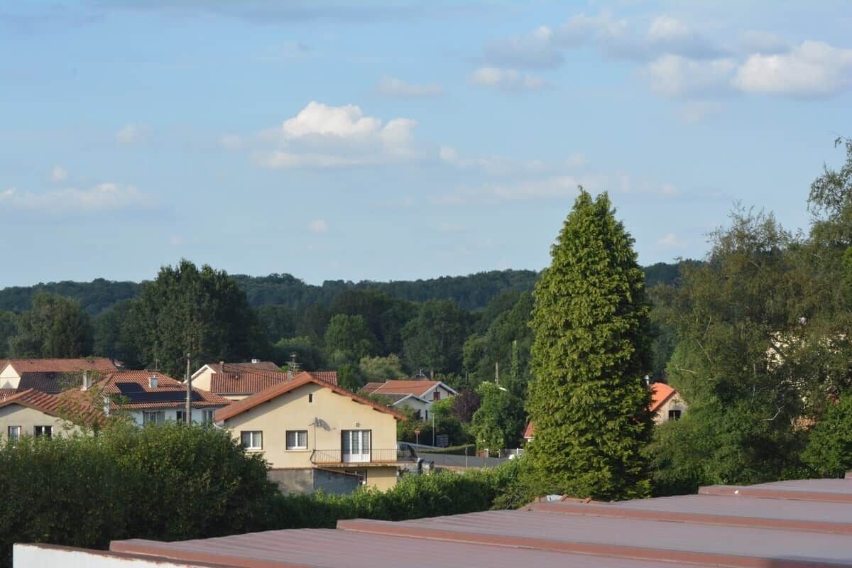 Een woonbuurt met huizen, een opvallende boom en een heldere lucht.