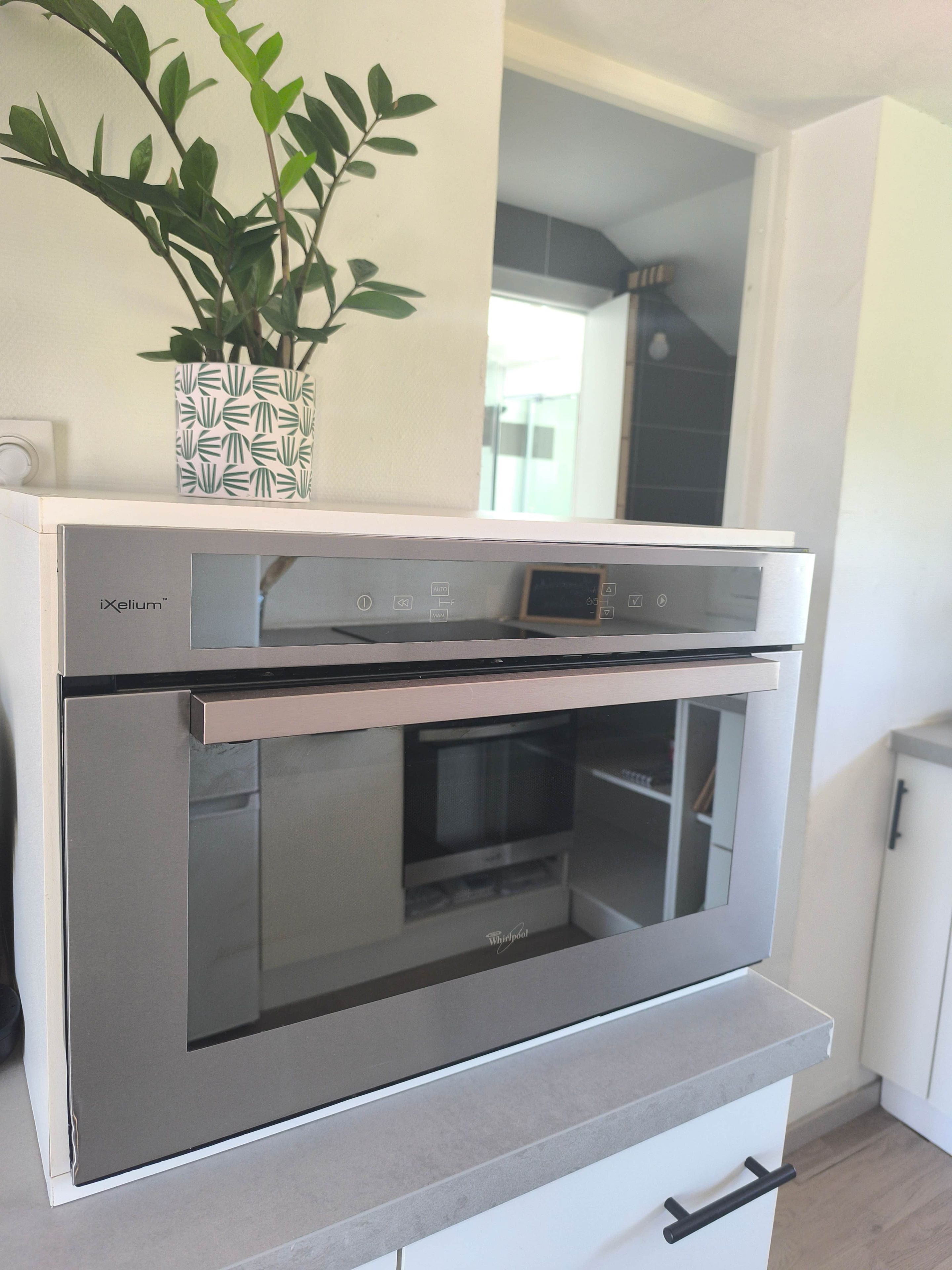 A kitchen with a built-in oven and microwave, a white cabinet below, and a plant in a patterned pot on the countertop.