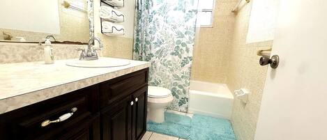 Hair dryer, towels, soap, shampoo