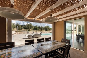 Zona pranzo con un tavolo grande e sedie, vista piscina e soffitto in legno.
