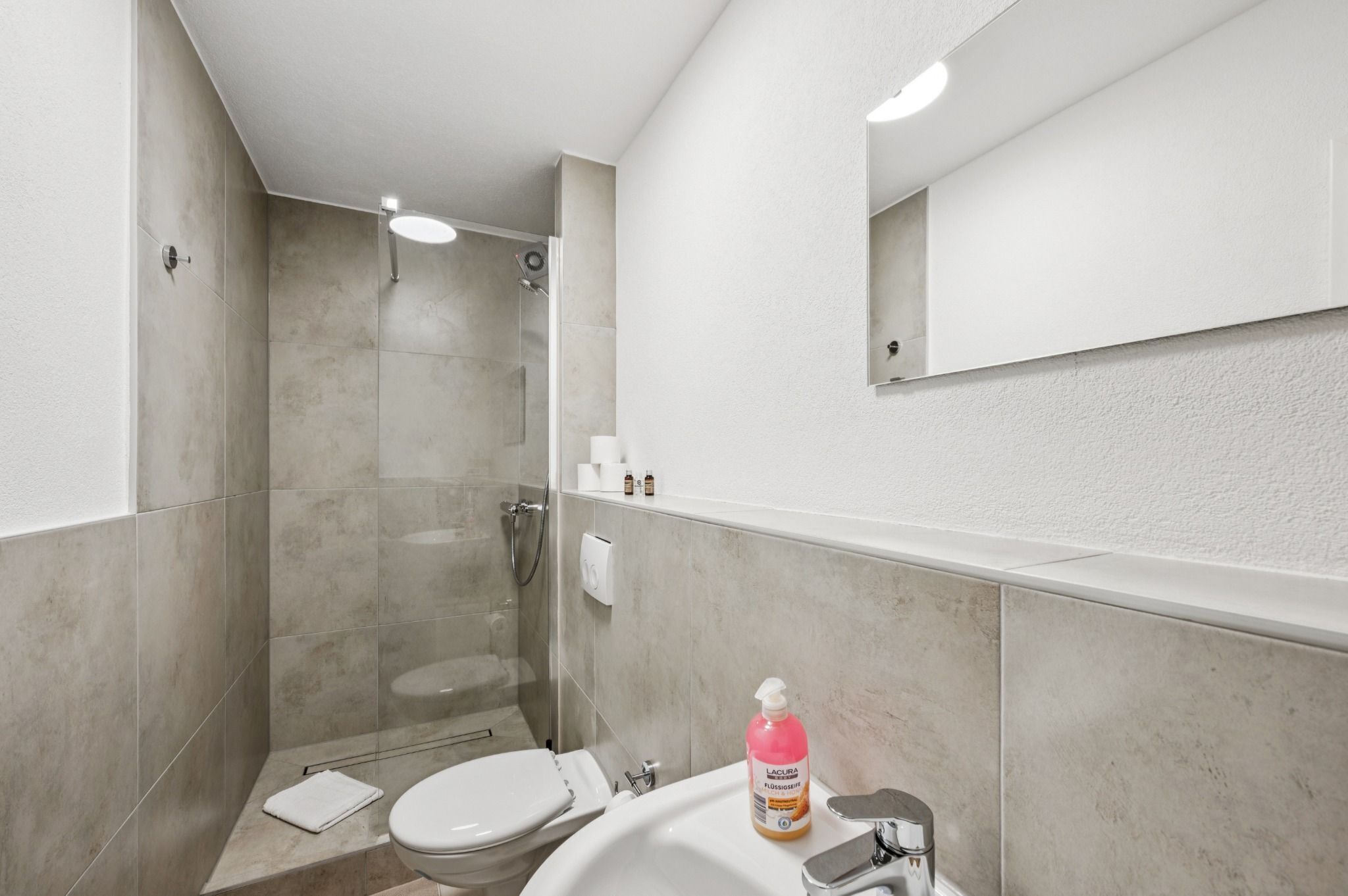 Hair dryer, towels, soap, toilet paper