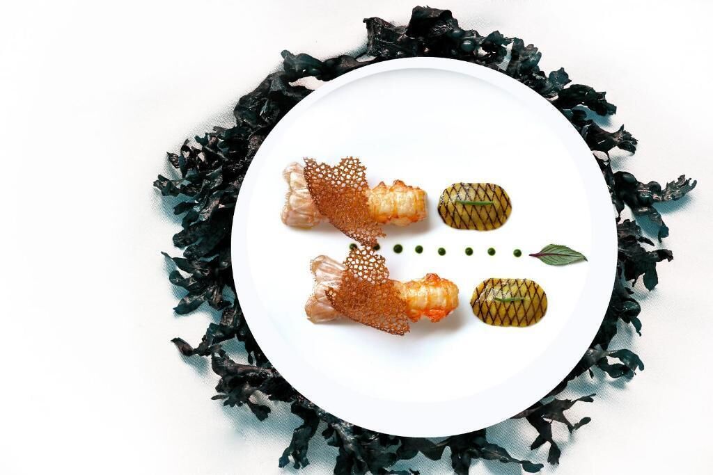 Un plato blanco con tres alimentos y una hoja decorativa sobre un fondo oscuro y frondoso.