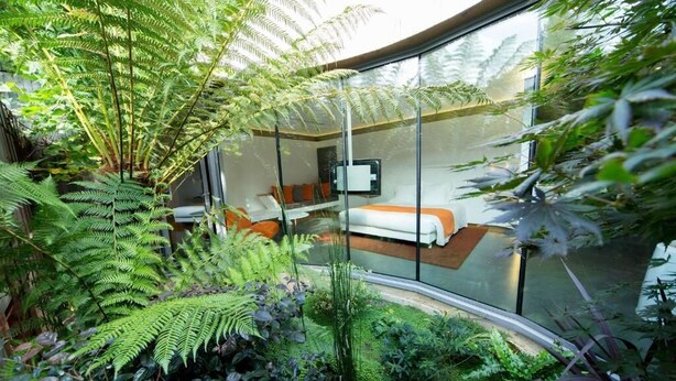 A modern, curved glass room with a bed, a TV, and lush greenery. - Maison KERVARREC (Saint-Gregoire)