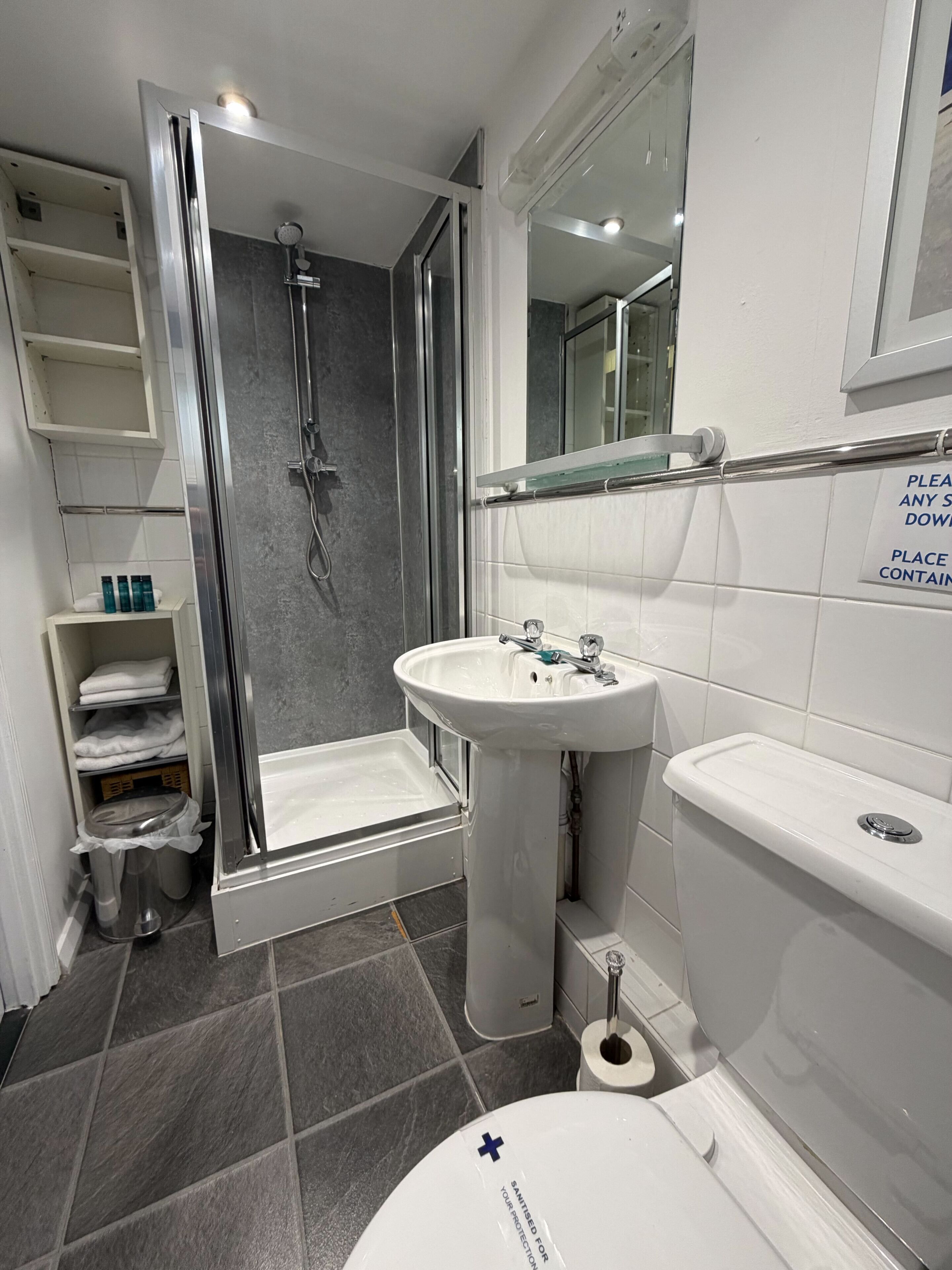 A modern bathroom with a shower, sink, toilet, and a glass-enclosed shower area.