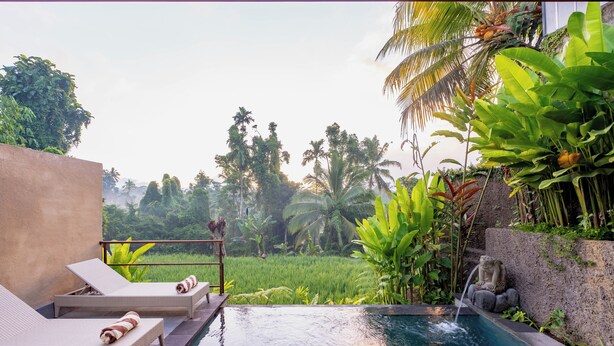 A pool with lounge chairs and a statue, surrounded by lush greenery and a view of a rice field. - Taru Sebatu Villa  (Sebatu)