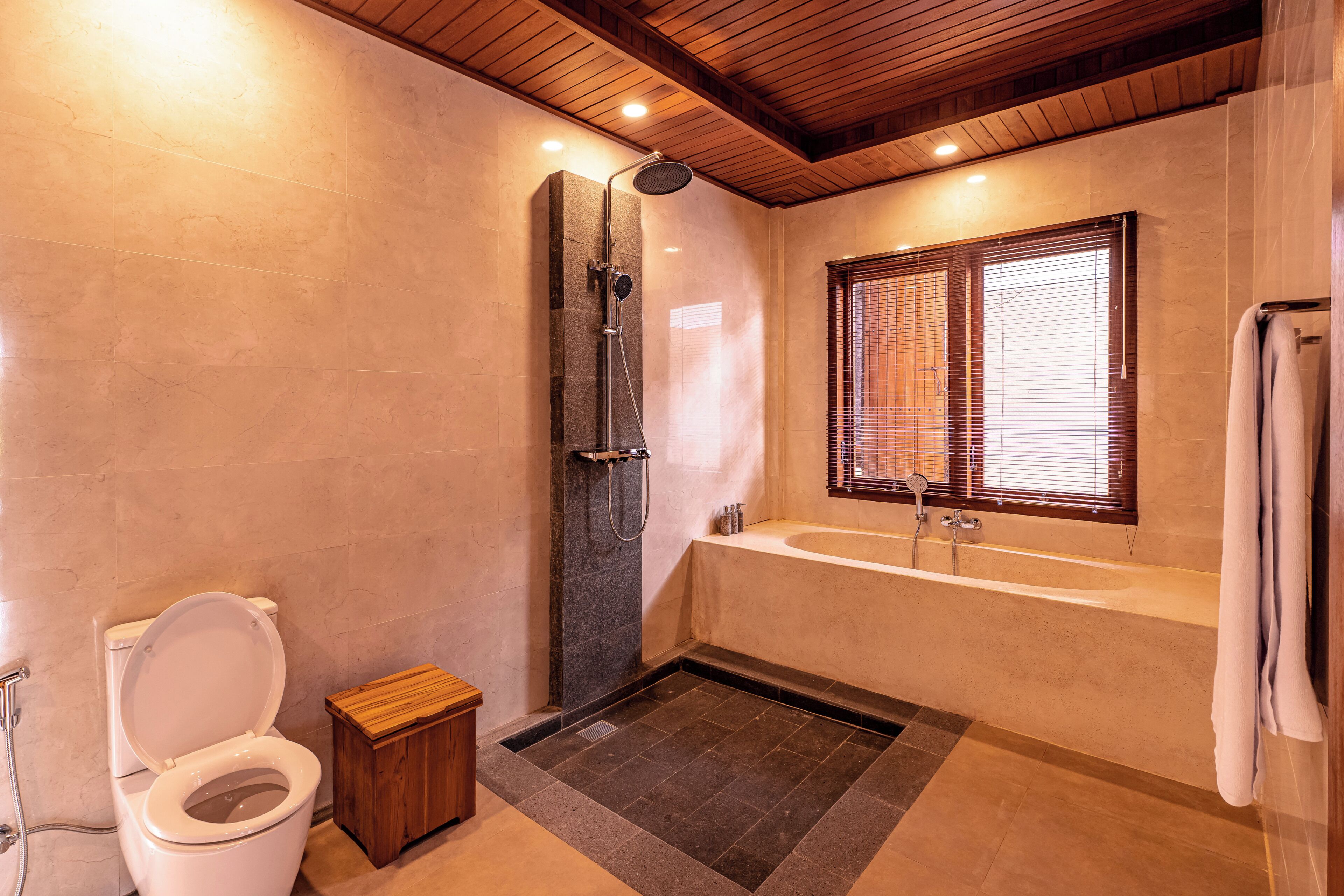 A bathroom with a toilet, shower, and bathtub.