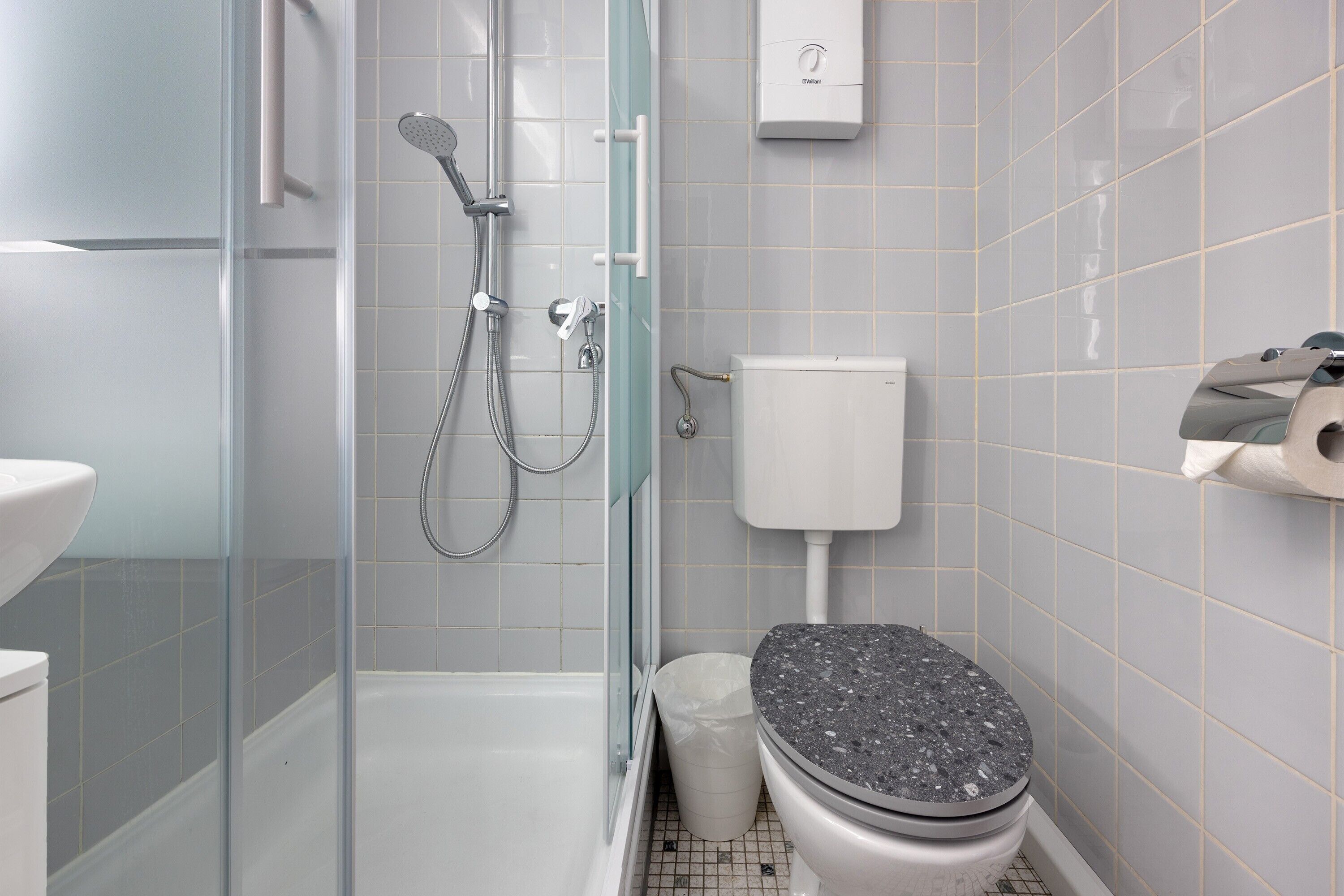 Ein Badezimmer mit einer Duschkabine, einer Toilette und einem weißen Waschbecken.