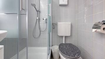Ein Badezimmer mit einer Duschkabine, einer Toilette und einem weißen Waschbecken.