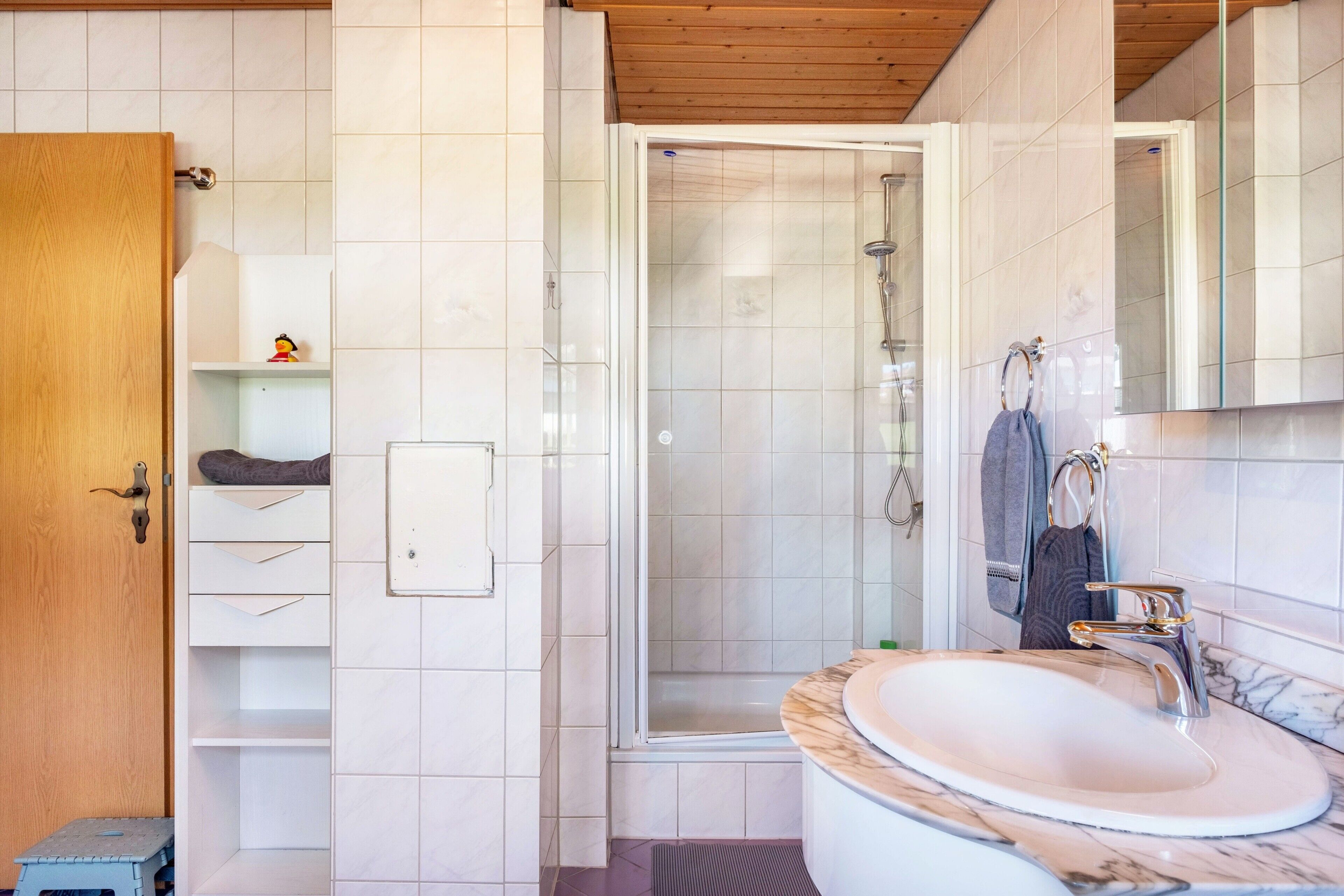 Shower, hair dryer, towels