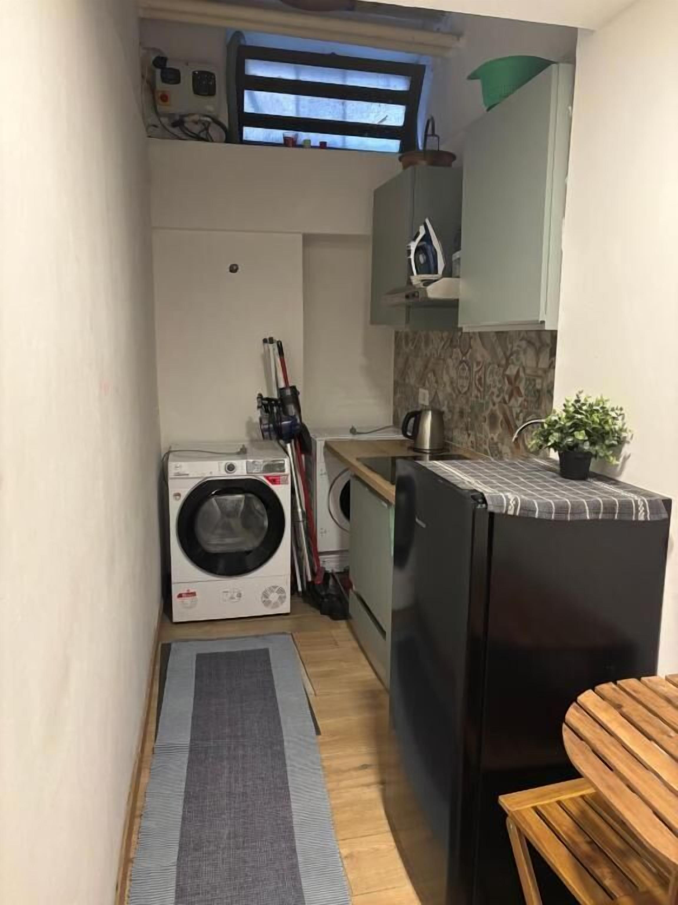 Una cocina compacta con lavadora, refrigerador, pileta y una mesita con una planta.