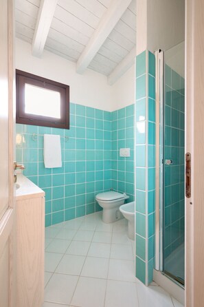 Regadera, secadora de cabello, bidet, toallas 