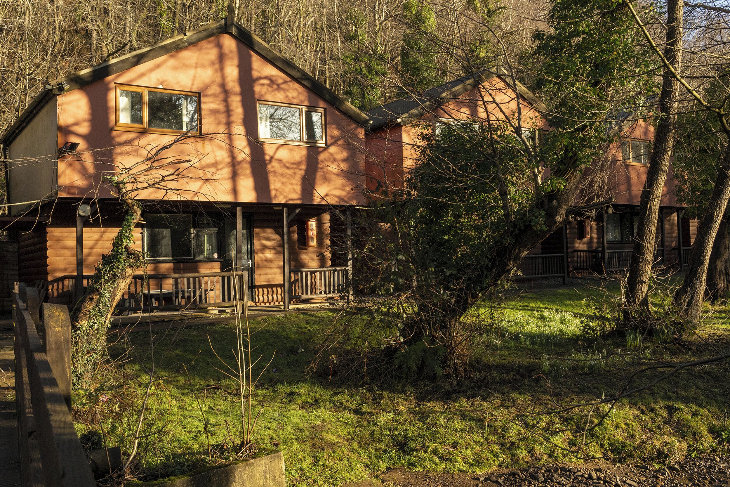 A cabin with a porch, a wooden deck, and a surrounding wooded area.