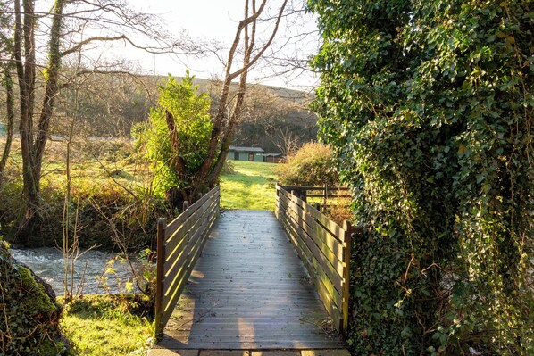 A wooden bridge leading to a building surrounded by greenery. - Cabin No. 14 - Salt and Fern Cabins (Port Talbot)