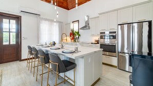 A modern kitchen with a central island, stainless steel appliances, and a wooden ceiling. - Abebi Oasis & Mistico Beach Club + Boat Shuttle (San Pedro)
