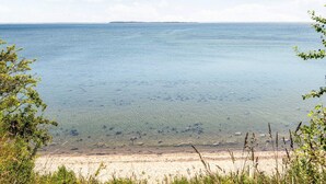 Ein Strand mit klarem Wasser, einer entfernten Insel und Grünpflanzen, die den Blick einrahmen.