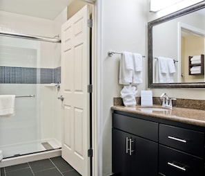 Hair dryer, towels, soap, shampoo