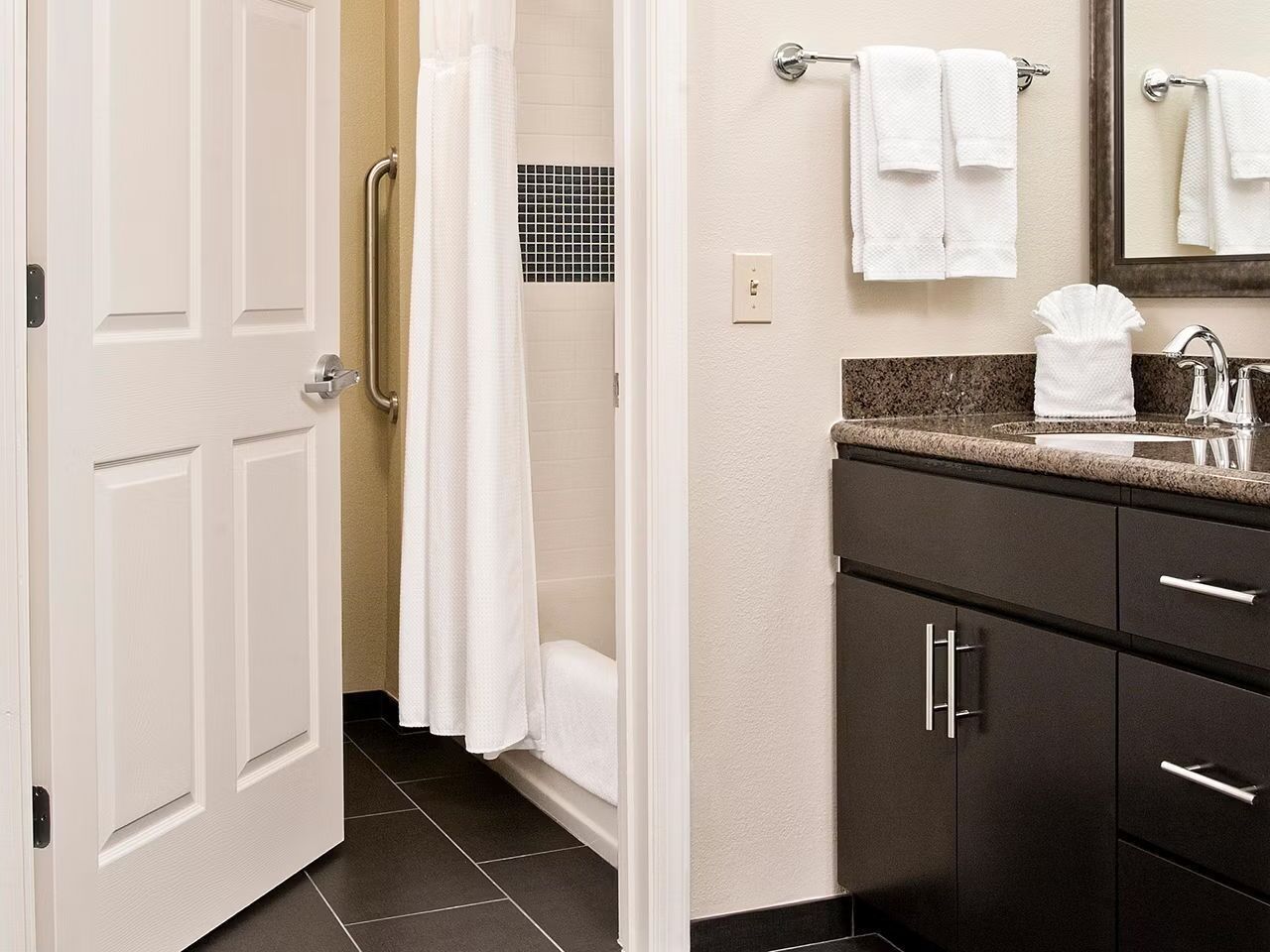 Hair dryer, towels, soap, shampoo