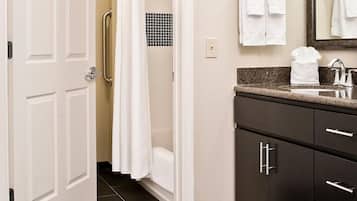 Hair dryer, towels, soap, shampoo