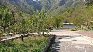 A paved pathway leading to a building with a green roof, surrounded by greenery and mountains. - Near Mutianyu Country Villa (Huairou)