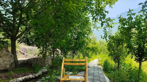 A wooden bench on a stone pathway surrounded by greenery. - Near Mutianyu Country Villa (Huairou)