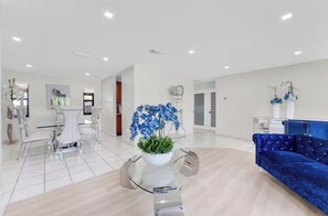 Smart TV, fireplace, DVD player, books