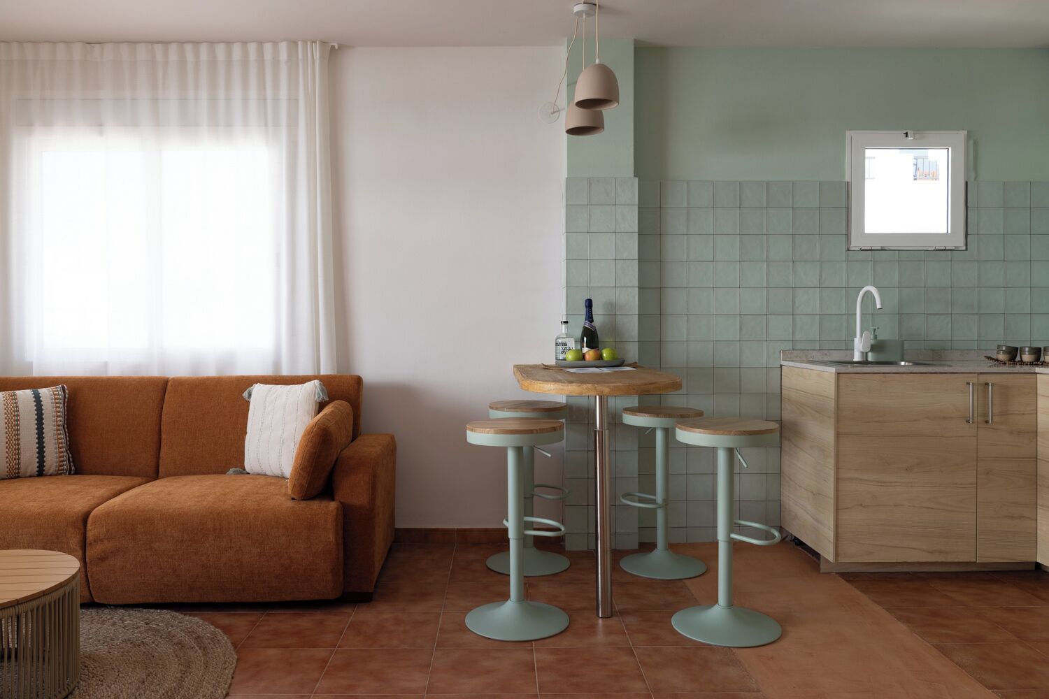 Un salon comprenant un canapé, une table basse ronde et un coin cuisine avec un évier et des placards.