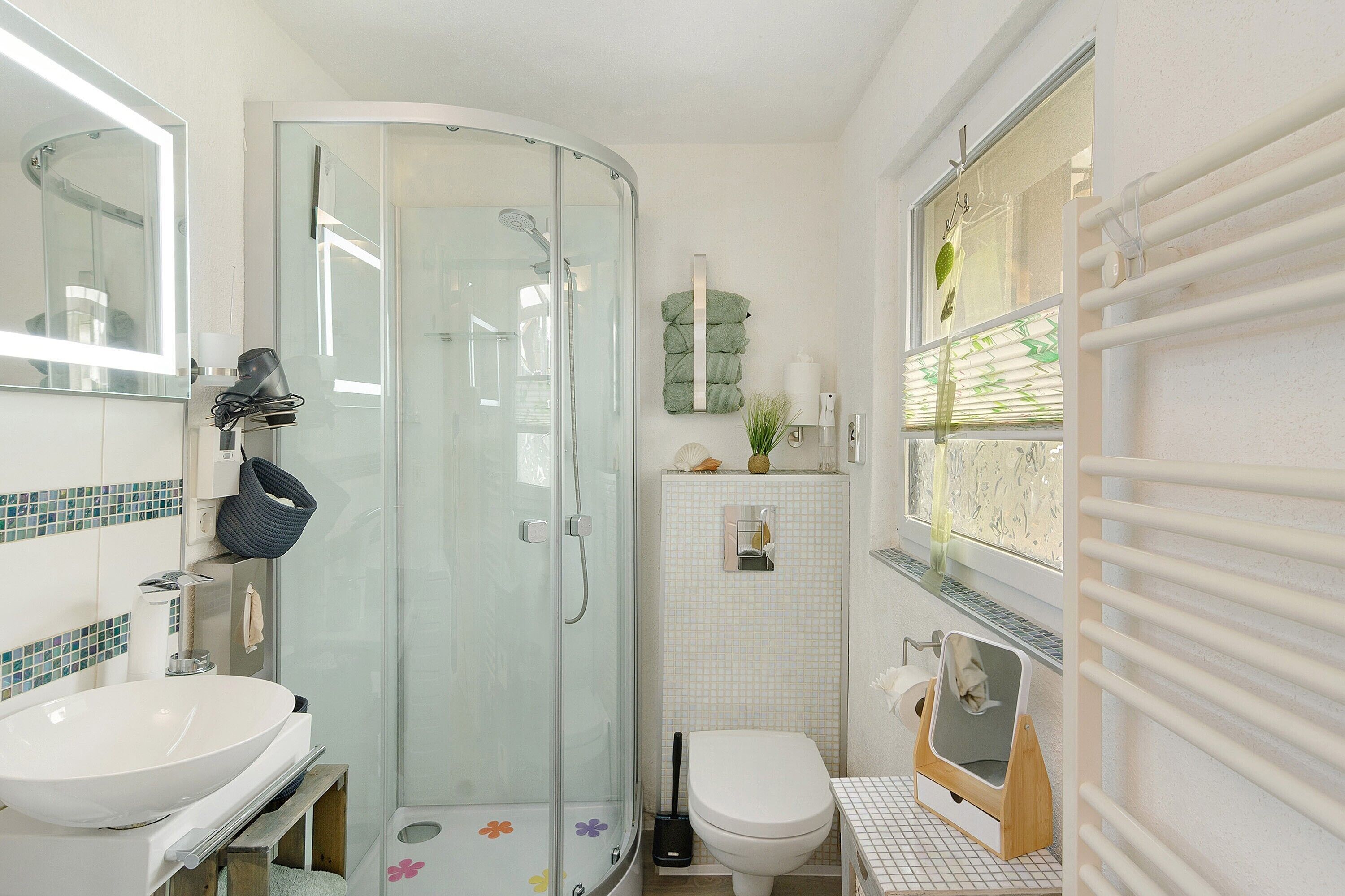 Shower, hair dryer, towels