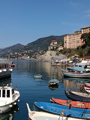 A harbor with boats docked, a building with a red roof, and a hillside in the background. - Camogli. Cozy apartment only 5 minutes from the sea (Camogli)