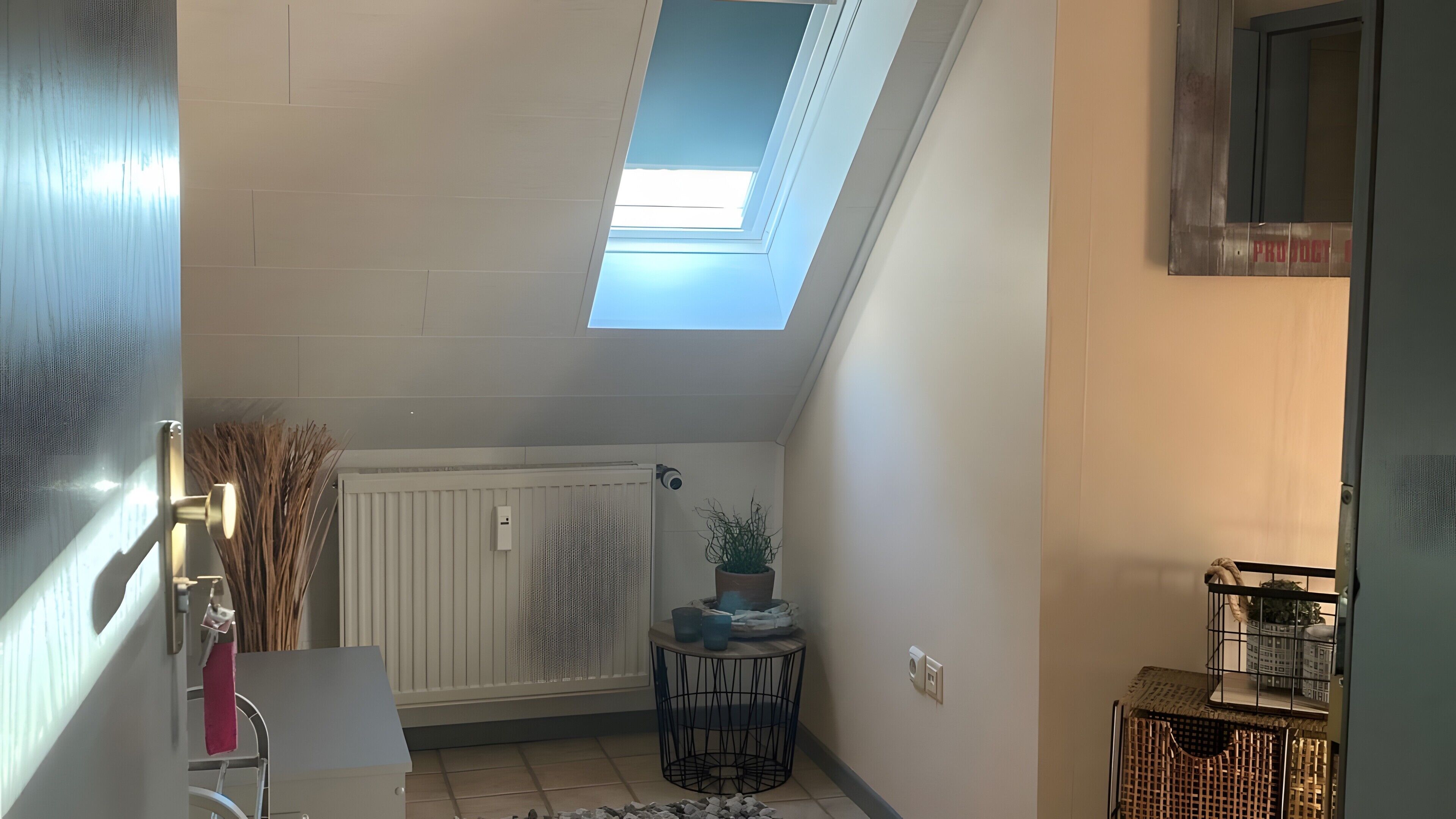 A room with a skylight, radiator, potted plant, and a small round table.