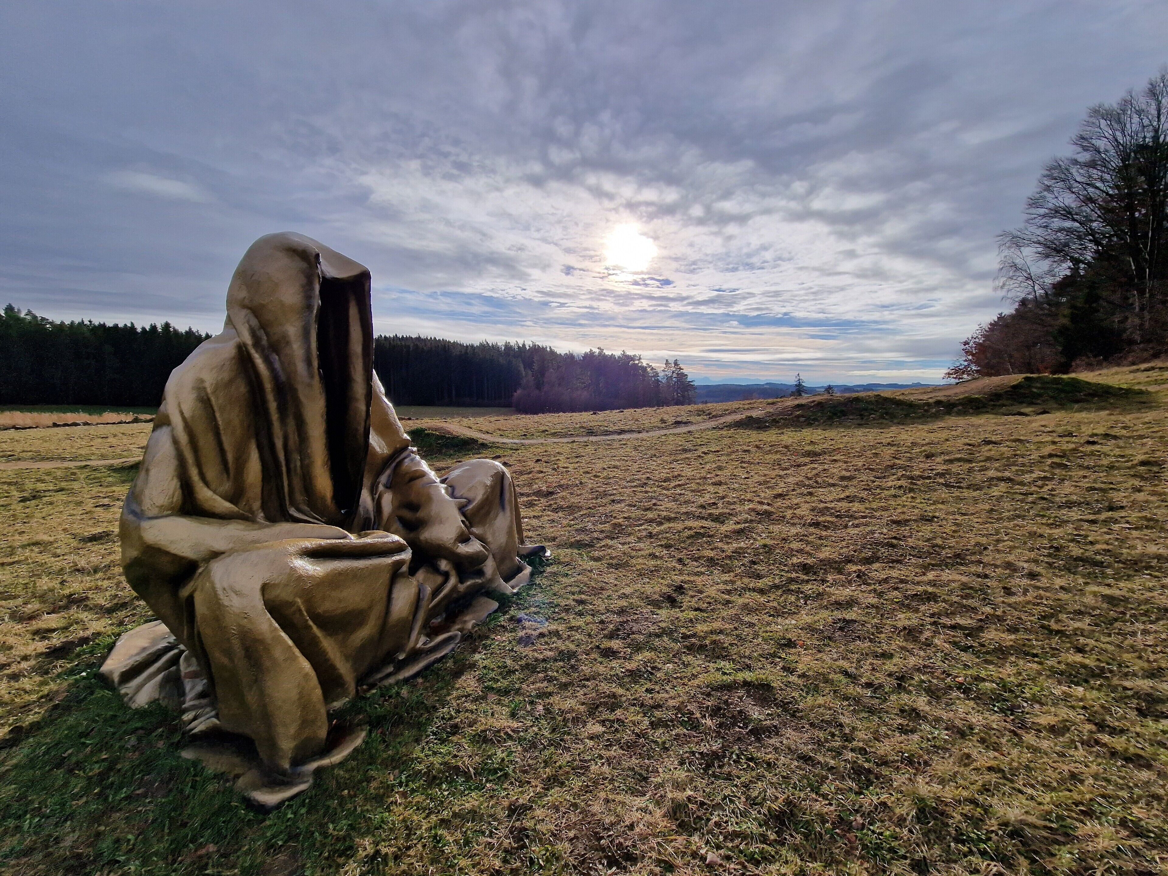 En skulptur på en gräsklädd äng med en molnig himmel och träd i fjärran.