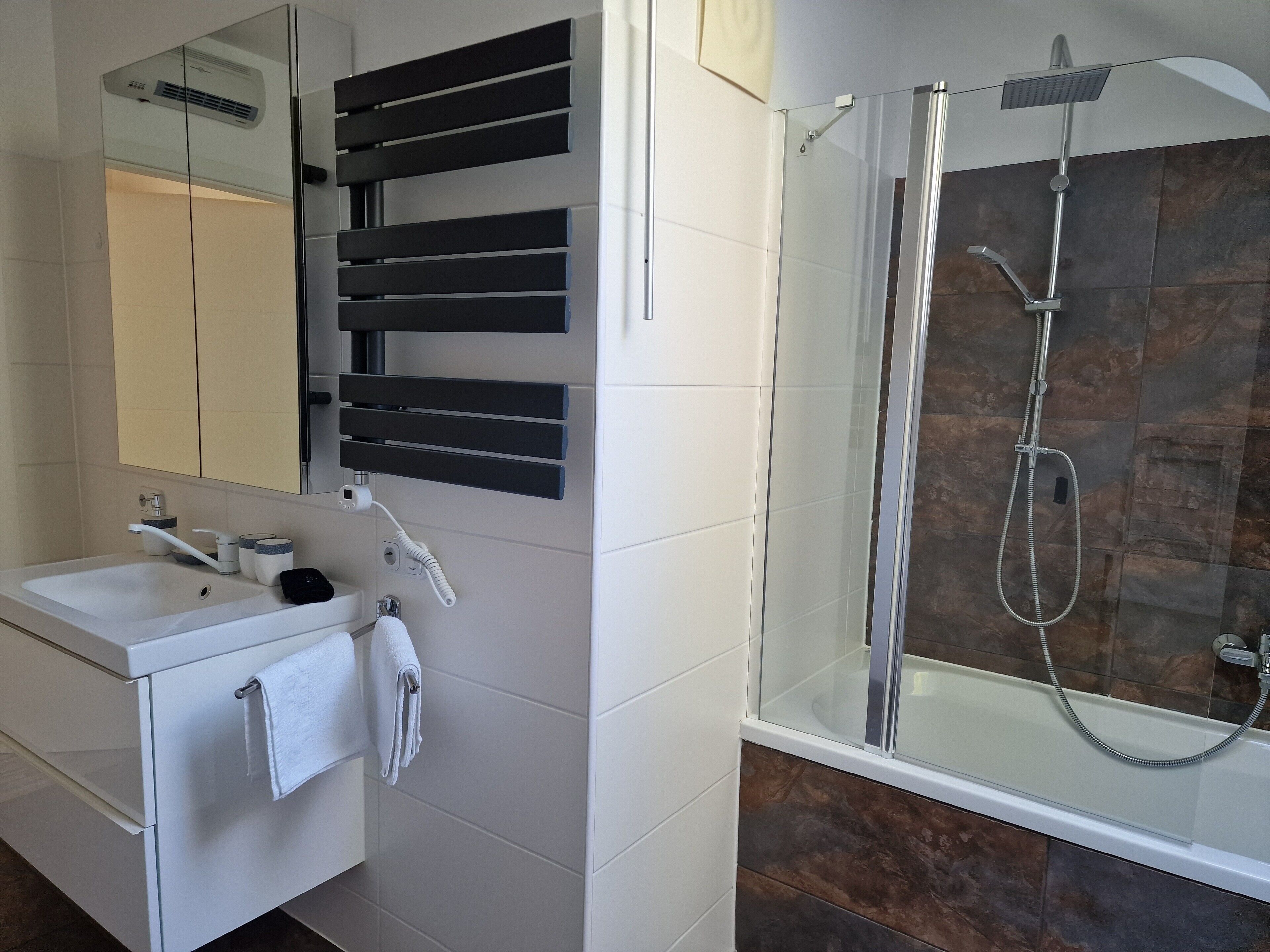 Shower, hair dryer, towels