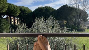 Un balcone con ringhiera in metallo, piedi nudi e un giardino con diverse piante e alberi.