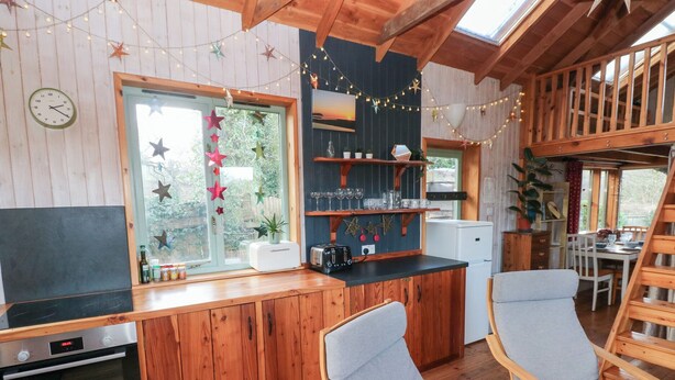 A cozy cabin-style kitchen with wooden cabinets, a Bosch oven, a small refrigerator, and a dining area with a table and chairs. - Cosy Eco Cabin (Newport)