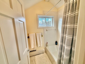 Hair dryer, towels, soap, shampoo