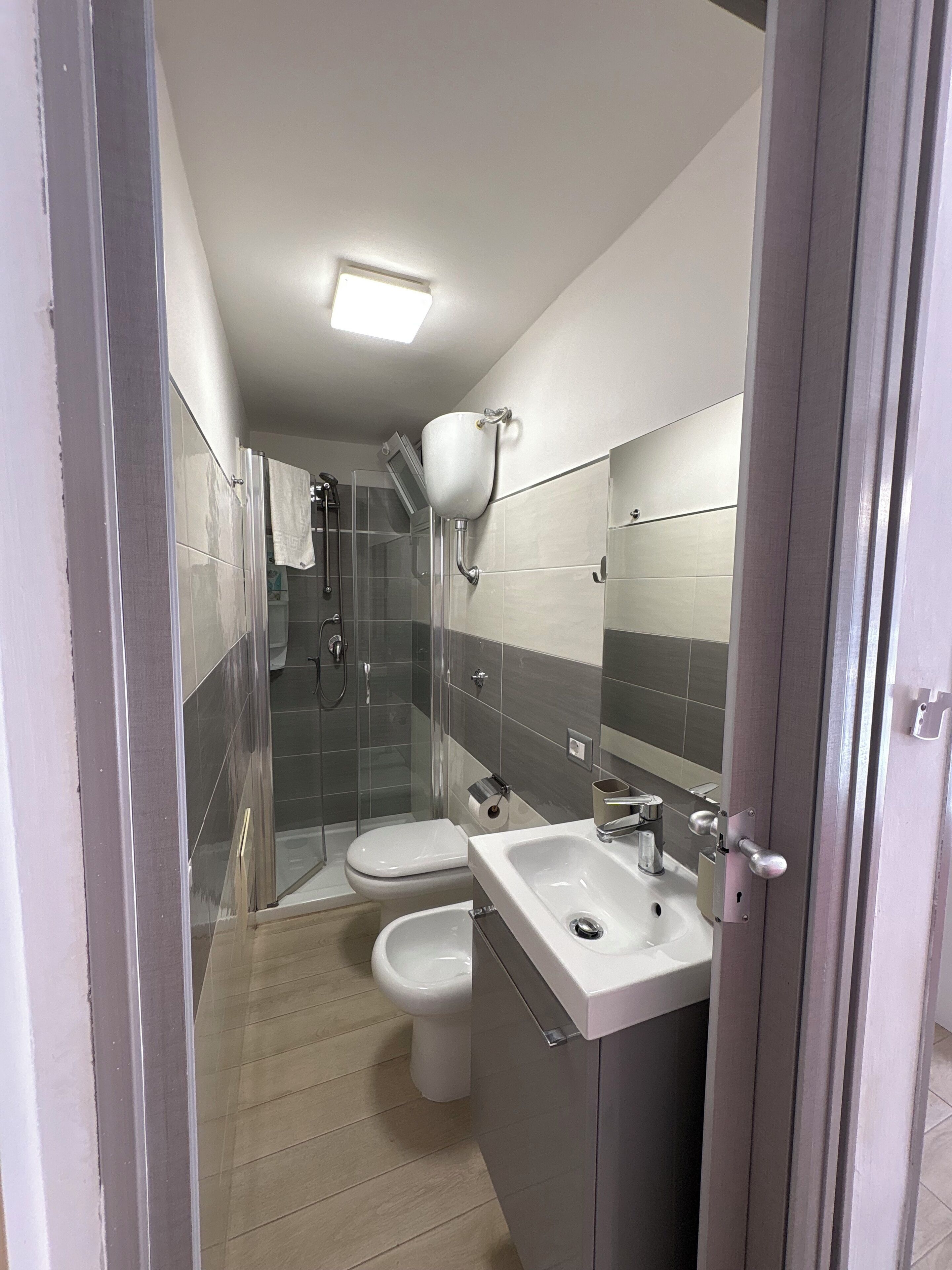 A bathroom with a shower, toilet, bidet, and sink.