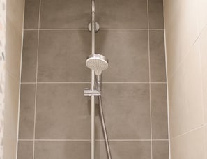 Une douche équipée d’un pommeau de douche à main et d’un robinet de contrôle fixé au mur.