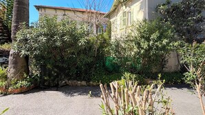 Un quartier résidentiel avec une allée pavée, un palmier et un bâtiment doté d’un toit en pente.