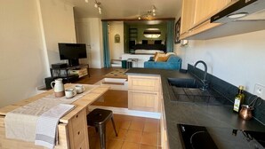 A compact kitchen with a dining area, a small TV, and a kitchenette. - Beautiful 45 m² apartment with terrace in Nice (Nice)