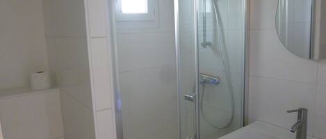 A bathroom with a glass-enclosed shower, a white sink, and a mirror.