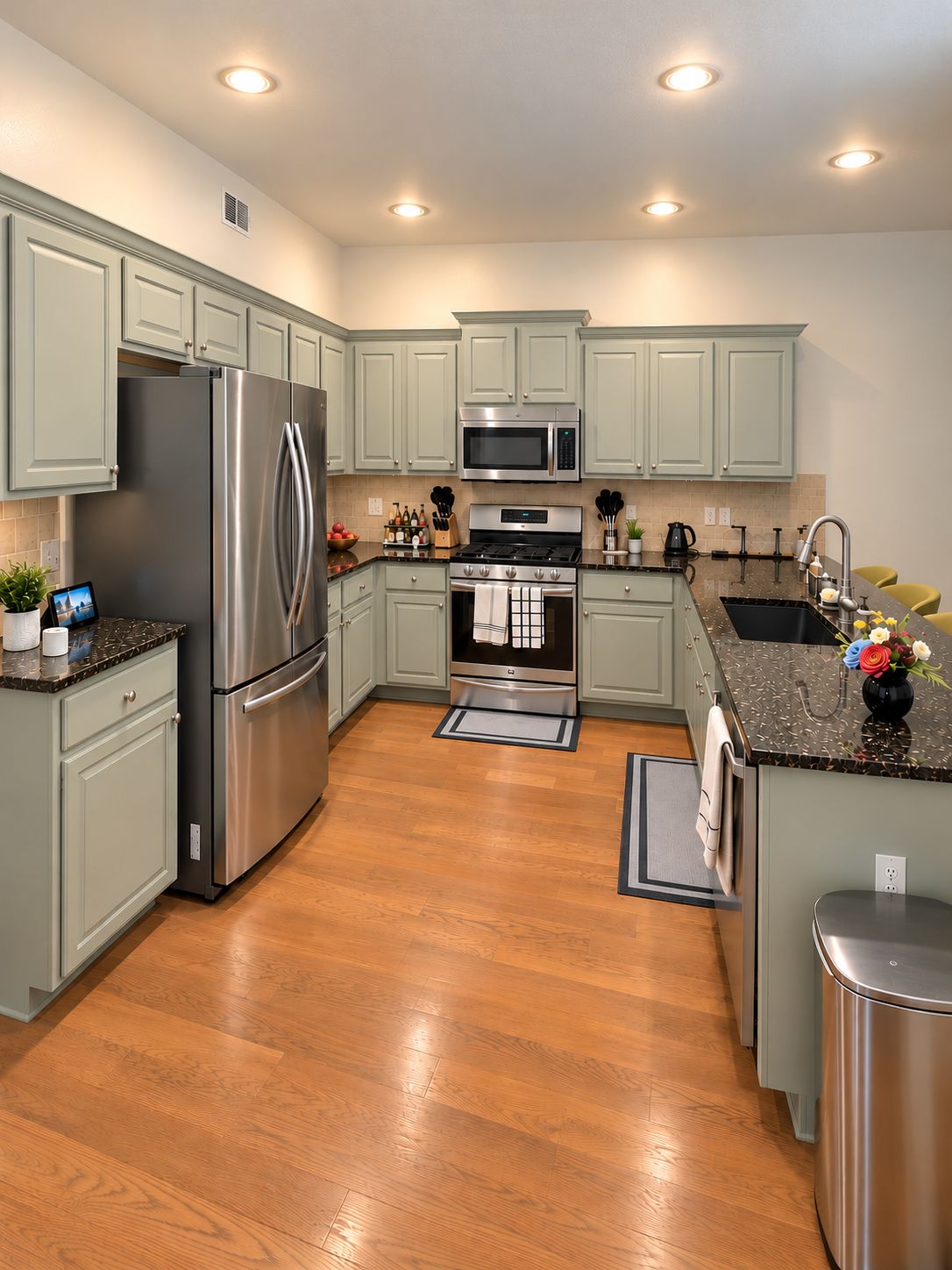 A modern kitchen with stainless steel appliances, light green cabinetry, and a wooden floor.