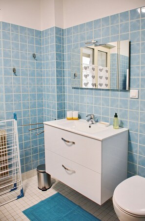 Douche, sèche-cheveux, serviettes fournies, savon