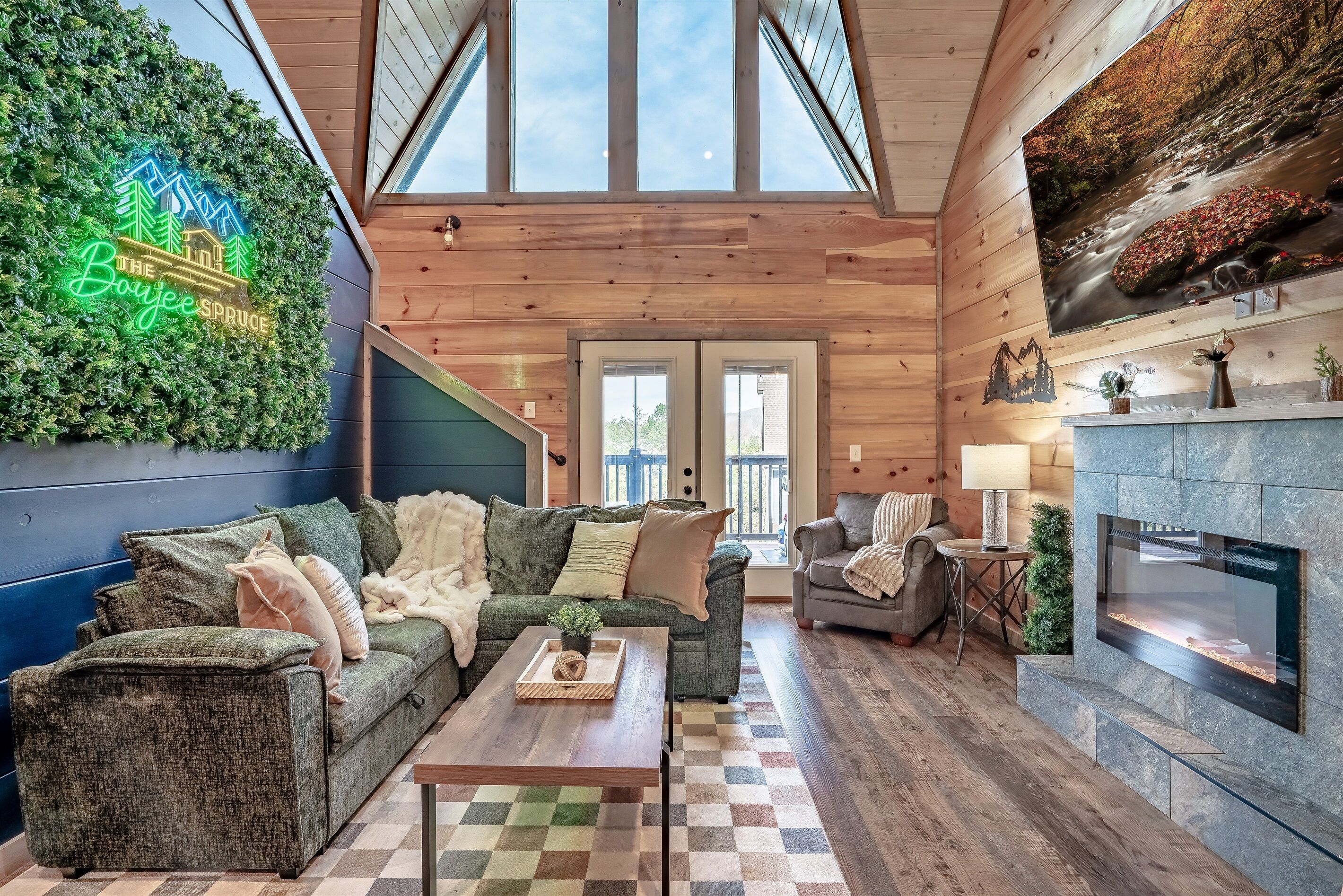 Smart TV, fireplace, video games, music library